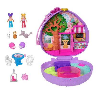 Mattel – Ref: HRD37 – Polly Pocket Igel-Café-Set mit 2 Mini-Figuren, 4 Spielelementen und 12 Zubehörteilen, Reisespielzeug, Tierthema, Kinderspielzeug, ab 4 Jahren