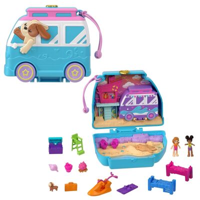 Mattel - Rif: HRD36 - Polly Pocket - Cofanetto Cucciolo in spiaggia con 2 mini figurine, Shani e la sua amica, 12 accessori di cui 1 camper e 5 elementi di gioco, Giocattolo da viaggio, Giocattolo per bambini, a partire da 4 anni