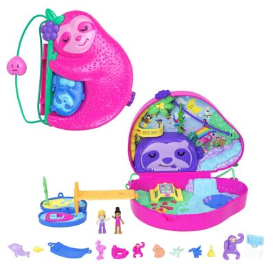 Mattel – Ref: HRD40 – Polly Pocket – 2-in-1-Box Die Faultierfamilie mit 12 Zubehörteilen, darunter 8 Tiere und 2 Minifiguren, Reisespielzeug, Kinderspielzeug, ab 4 Jahren
