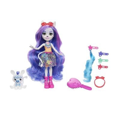 Mattel – Ref: – HNV28 – Enchantimals Enchanted Gala Box Zemirah Zebra & Grainy Doll 15 cm, ​​5 Frisurenzubehör enthalten, zum Sammeln, Kinderspielzeug, ab 4 Jahren