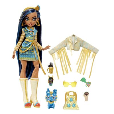 Mattel - Rif: HHK54 - Monster High - Bambola Cleo De Nile con accessori e animale domestico, bambola alla moda articolata, capelli con riflessi blu, giocattolo per bambini, a partire da 3 anni