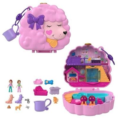 Mattel - Ref: HKV35 - Polly Pocket - Poodle Grooming Box With 2 Figures, 12 Accessories, 2 Color Changing Accessories, Water Game, Children's Toy, From 3 Years