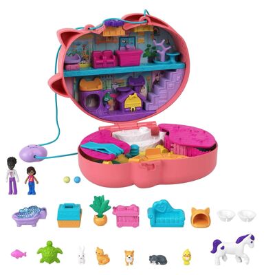 Mattel – Ref: HGT16 – Polly Pocket – Shani Cuddly Cat Bag Box-Set zum Thema Veterinärmedizin mit 2 Minifiguren und 18 Zubehörteilen, Kinderspielzeug, ab 4 Jahren