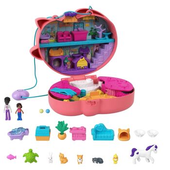 Mattel - Réf : HGT16 - Polly Pocket - Coffret Shani Sac Chat Câlin sur le thème vétérinaire avec 2 mini-figurines et 18 accessoires, Jouet Enfant, Dès 4 ans 1