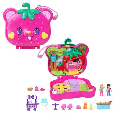 Mattel - Ref: HRD35 - Polly Pocket - Strawberry Bear Box with Garden, 2 Mini-Figurines, 12 Accessories Including Lifting Basket, 5 Play Elements, Travel Toy, Children's Toy, From 4 Years