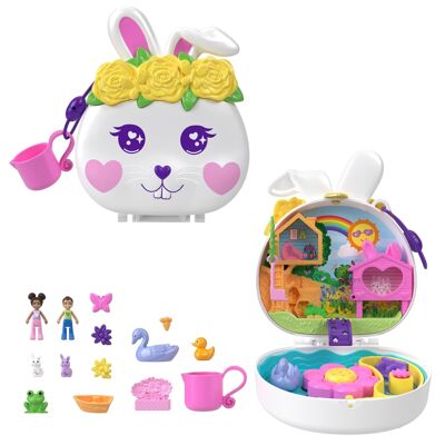 Mattel – Ref: HKV36 – Polly Pocket – Kaninchen-Gartenbox mit 2 Mini-Figuren, 12 Zubehörteilen, 2 farbwechselnden Zubehörteilen, Wasserspiel, Kinderspielzeug, ab 3 Jahren