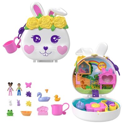 Mattel - Ref: HKV36 - Polly Pocket - Caja De Jardín Conejo Con 2 Minifiguras, 12 Accesorios, 2 Accesorios Que Cambian De Color, Juego De Agua, Juguete Para Niños, A Partir De 3 Años