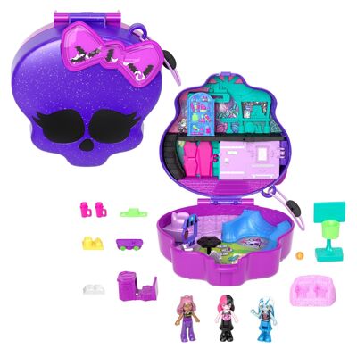 Mattel - Ref: HVV58 - Polly Pocket Monster High - Caja con 3 Minifiguras Draculaura, Clawdeen Wolf y Frankie Stein, 10 accesorios temáticos incluidos, Juguete infantil, A partir de 4 años