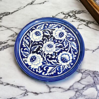 Plato de cerámica azul hecho a mano - Diseño de 5 flores