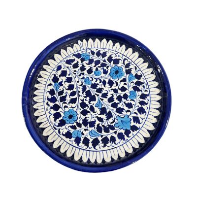 Plato de cerámica azul hecho a mano - Flores y hojas azules