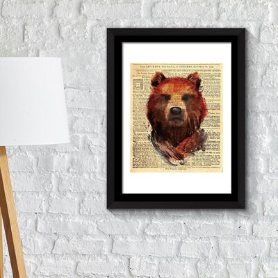 Wall Frame Art Bear Newspaper Animal Poster Living Room Office Home Decoration