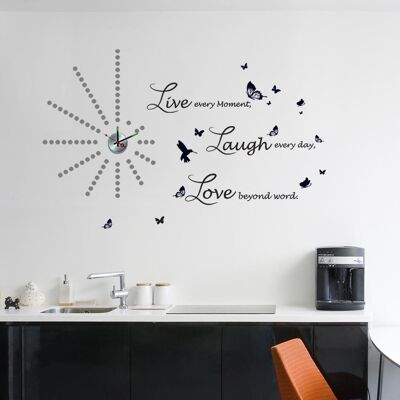 Silver Dot Clock With Lucida Live Laugh Love Quote Self Adhesive Wall Sticker