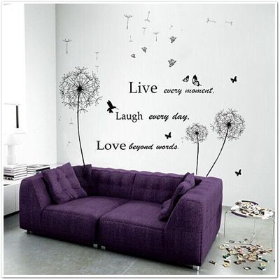 Huge Dandelion Live Laugh Love Butterflies Vivid Girl Self Adhesive Wall Stickers Mural Paper