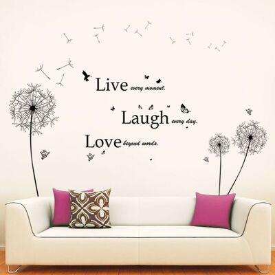 Self Adhesive Wall Sticker Decal Black Dandelion With Classic Live Laugh Love Quote Bedroom Living room Decoration