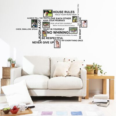 House Rules Quote (En) And Photo Frame Birdcage Self Adhesive Wall Sticker Art Bedroom Living Room Decorations