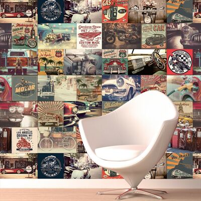 Hd Vintage Vehicle Collage Mural Decals Home Self-Adhesive Wallpaper 180X120Cm