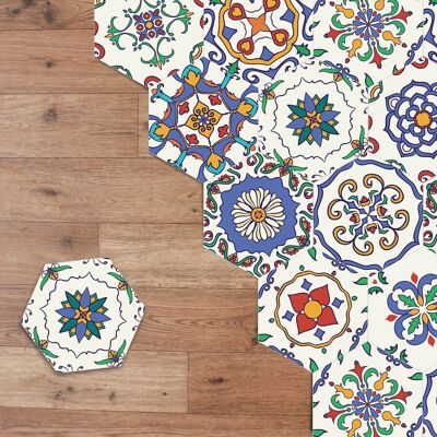 Walplus Colourful Floral Hexagon Self Adhesive Floor Tiles Stickers, Home Decorations, DIY Art