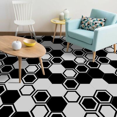 Walplus Minimalist Black And White Hexagon Self Adhesive Floor Tiles Stickers, Home Decoration