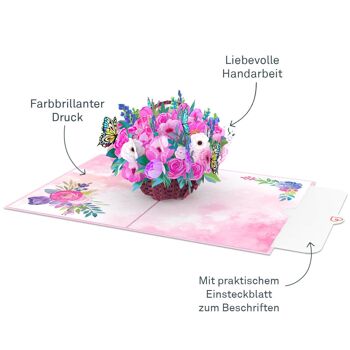 Carte pop-up Panier de fleurs avec hortensias 3