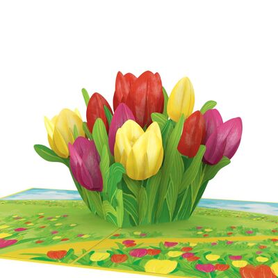 Carte pop-up colorée de prairie de tulipes