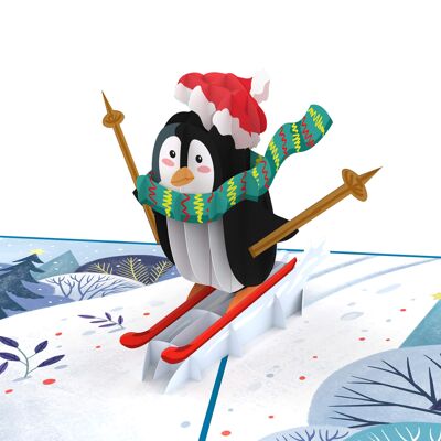 Carte pop-up Pingouin sur skis