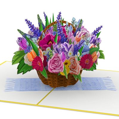 Tarjeta emergente de cesta de flores de colores