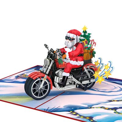 Papá Noel en una tarjeta emergente de motocicleta