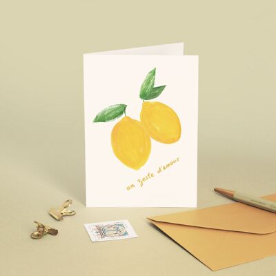 Biglietto "A Zest of Love" Frutto di limone - Amore / Umorismo / Illustrazione pittura ad acquerello - Messaggio in francese - Biglietto di auguri