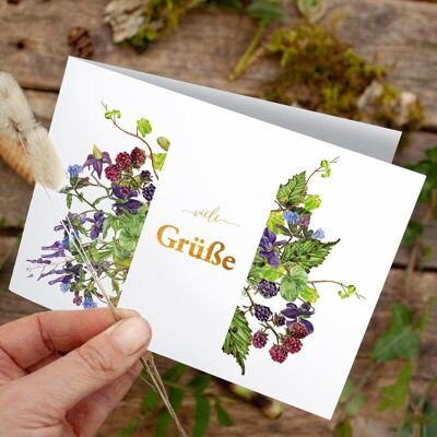 Folding card purple "Best wishes" - PRINTED INSIDE with envelope