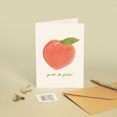 Tarjeta "Keep the melocotón" Fruta - Amor / Humor / Ilustración de pintura en acuarela - Mensaje en francés - Tarjeta de felicitación