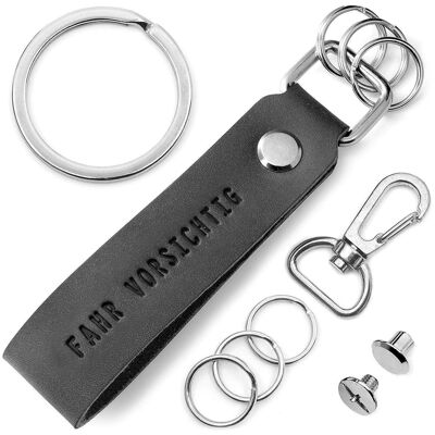"Drive carefully" leather keychain with interchangeable key ring