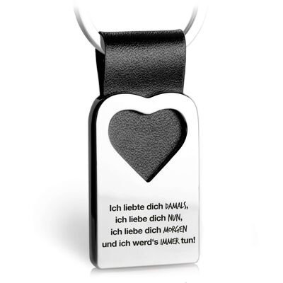 "Then Now Tomorrow" heart keychain with engraving made of leather