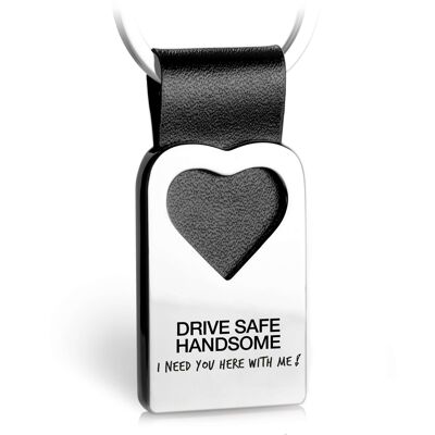 "Drive safe handsome" heart keychain with engraving made of leather