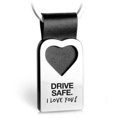 	"Guidare in modo sicuro.   Ti amo!"Portachiavi cuore con incisione realizzato in pelle