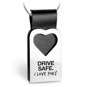 "  Conduire prudemment. Je t'aime!"Porte-clés coeur avec gravure en cuir 1