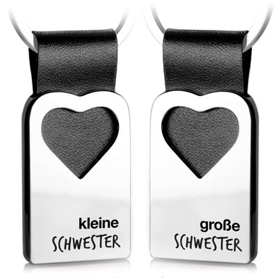 "little sister & big sister" heart keychain with engraving made of leather