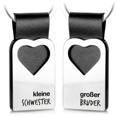 "little sister & big brother" heart keychain with engraving made of leather