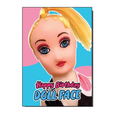 Biglietto d'auguri ispirato a Barbie finta con volto di bambola di buon compleanno