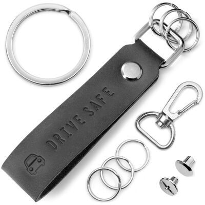 "Drive Safe" leather keychain with interchangeable key ring