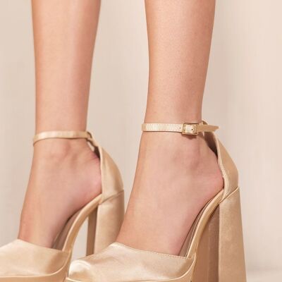 CHAMPAGNE SATIN SQUARE TOE PLATFORM BLOCK HIGH HEEL COURT PUMP