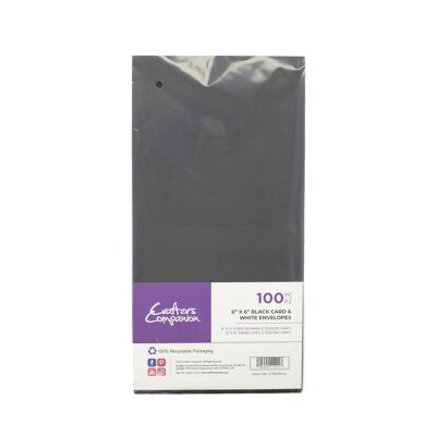 Crafter's Companion - Tarjeta negra de 6"x6" y sobres blancos, 100 unidades