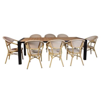 GARDEN SET 230CM POLYWOOD TABLE WOOD LOOK + 8 ARMCHAIRS IN BEIGE AND WHITE TEXTILENE BAMAL