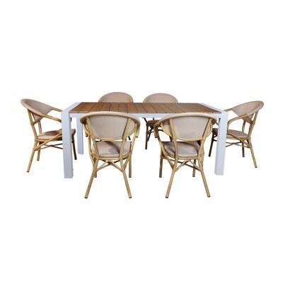 GARDEN SET POLYWOOD TABLE 180CM WOOD LOOK + 6 ARMCHAIRS IN WHITE AND BEIGE BAMAL TEXTILENE