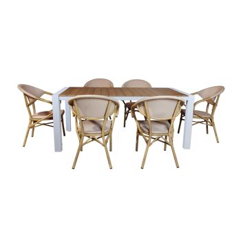 ENSEMBLE JARDIN TABLE EN POLYWOOD 180CM ASPECT BOIS + 6 FAUTEUILS EN TEXTILENE BLANC ET BEIGE BAMAL 1