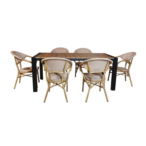 ENSEMBLE JARDIN TABLE EN POLYWOOD 180CM ASPECT BOIS + 6 FAUTEUILS EN TEXTILENE BEIGE ET BLANC BAMAL