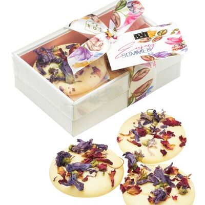 Mendiants di cioccolato bianco con fiori – mendiants di lusso fatti a mano di cioccolato bianco con fiori - edizione estiva