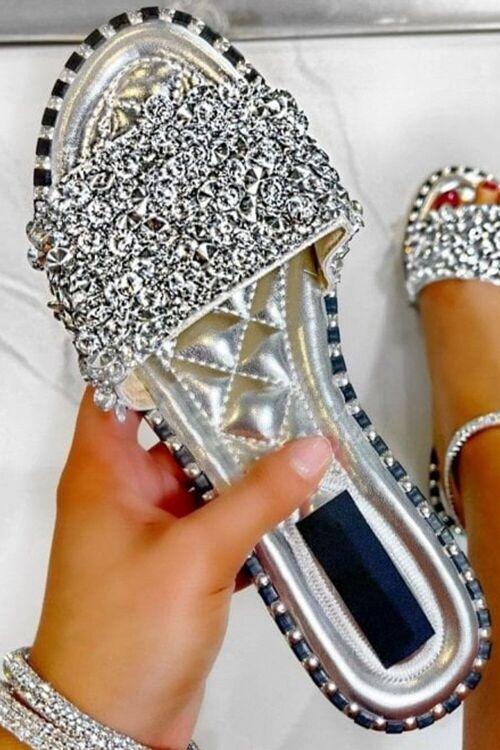 Silver Embellished Sparkly Flat Slider Sandals