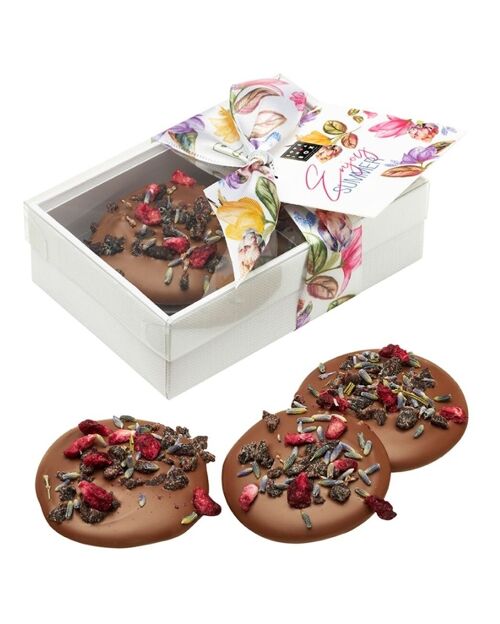 Chocolate Mendiants Pomegranate, Lavender & Blueberry Milk – handmade luxury mendiants milkchocolate with flowers & fruits - summer edition