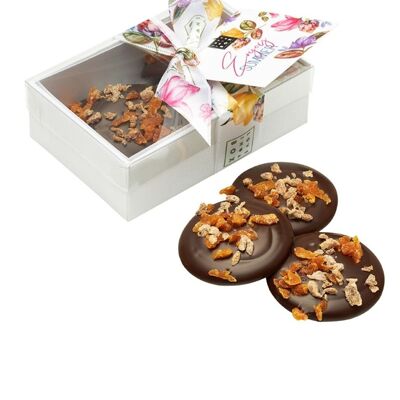 Chocolate Mendiants Peach & Fig Dark – handgemachte luxuriöse Mendiants-Zartbitterschokolade mit Früchten – Sommeredition