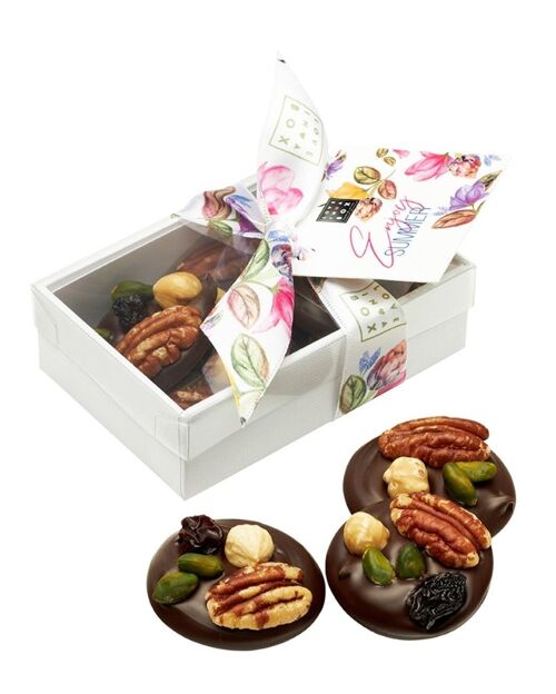 Chocolate Mendiants Pistachios, Pecan nuts, Hazelnuts & Raisins Dark – handmade luxury mendiants dark chocolate with nuts & fruits - summer edition